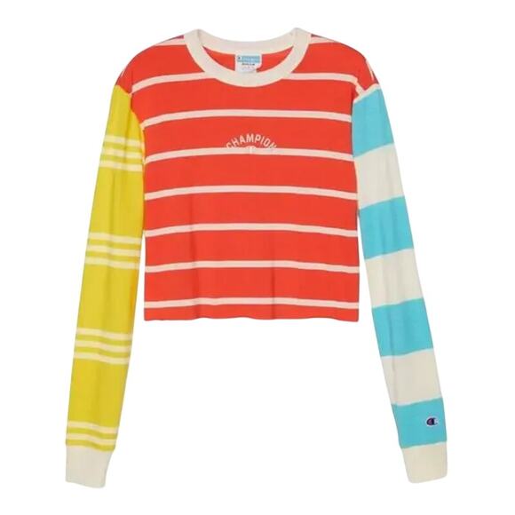 Champion Tops - Champion Colorblock Red Yellow Blue Striped Cropped Long Sleeve Tee sz M NEW Tag